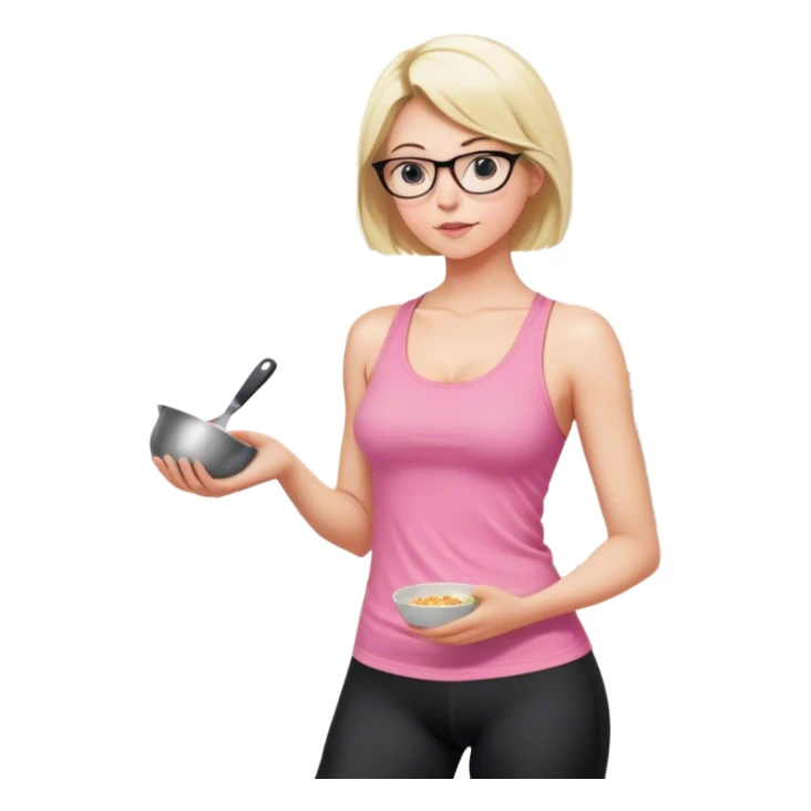 View from knees up, view from the back, fair skinned woman, thick milf, short blond hair, small reading glasses, cooking dinner in kitchen, pink loose tank top, showing natural B cup breast shape SFW, black yoga pants, large curvy booty sticker