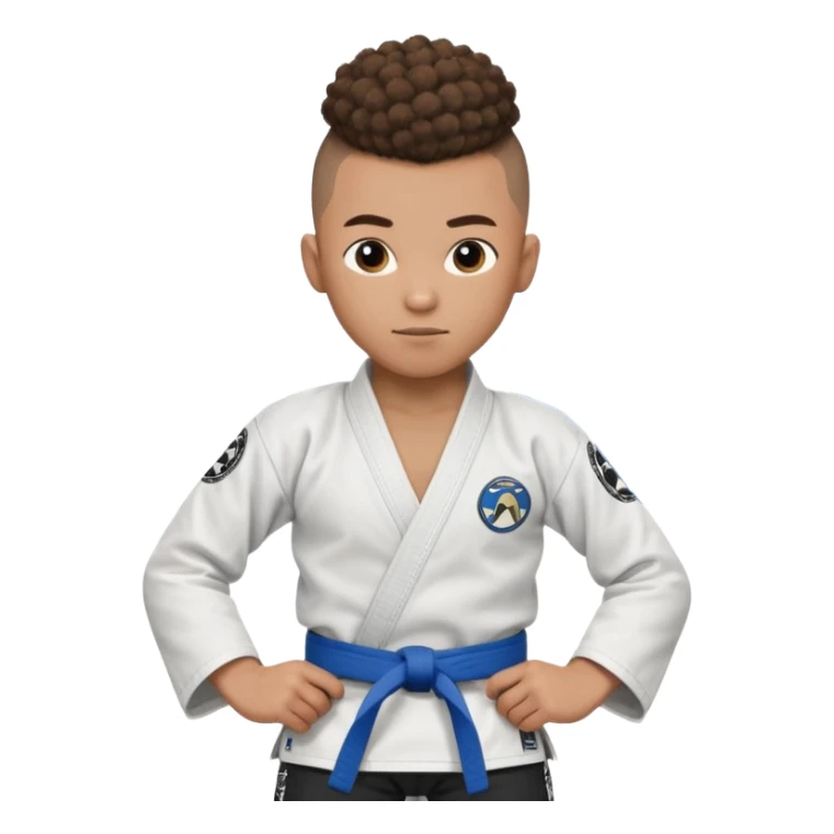 Mixed race boy BJJ instructor with pony tail afro hair and shaved bald sides haircut, Make the hair brown and the belt blue. Add the roger Gracie academy logo on the go also and the p logo of progress jiu jitsu on the right arm sleeve  at the top sticker