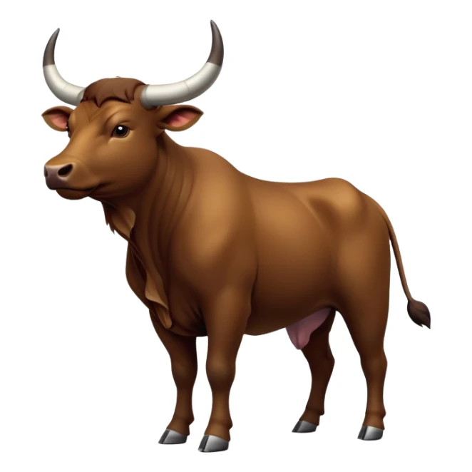 cinematic-[brown bull]-realistic-full-body-standing-emoji,-tail-flicking-lazily,-head-tilted-dramatically,-sleek-[brown]-fur,-simplified-yet-realistic-focused-features,-highly-detailed,-glowing-with-an-almost-sarcastic-glow sticker
