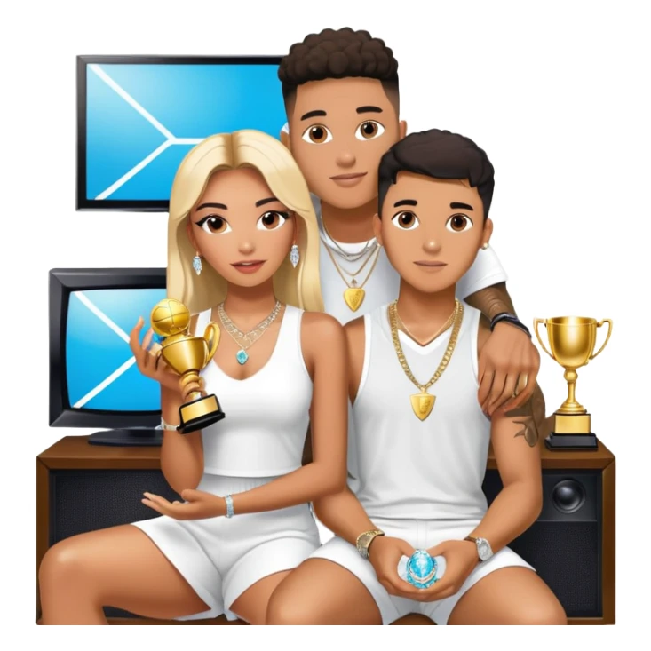 Breaking news Internet celebrity Josh King Madrid jetset wearing shiny diamond earrings and sparkly iced out diamond tennis necklace chains with Instagram model girl tefi valenzuela sitting with him holding gold internet celebrity trophy on tv show in Miami sticker