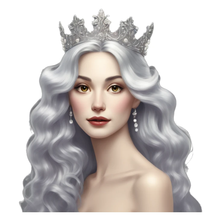 Regal pretty slender woman photograph defined cheekbones high cheekbones crown vintage with very long iridescent black and silver hair wavy long hair pearl crown iridescent sticker