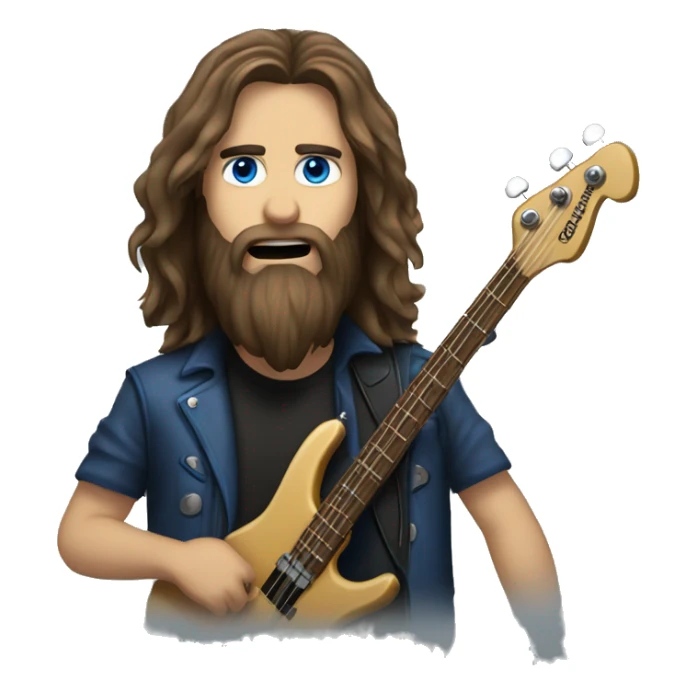 Brown long hair, blue eyes, beard, bass player, metal sticker