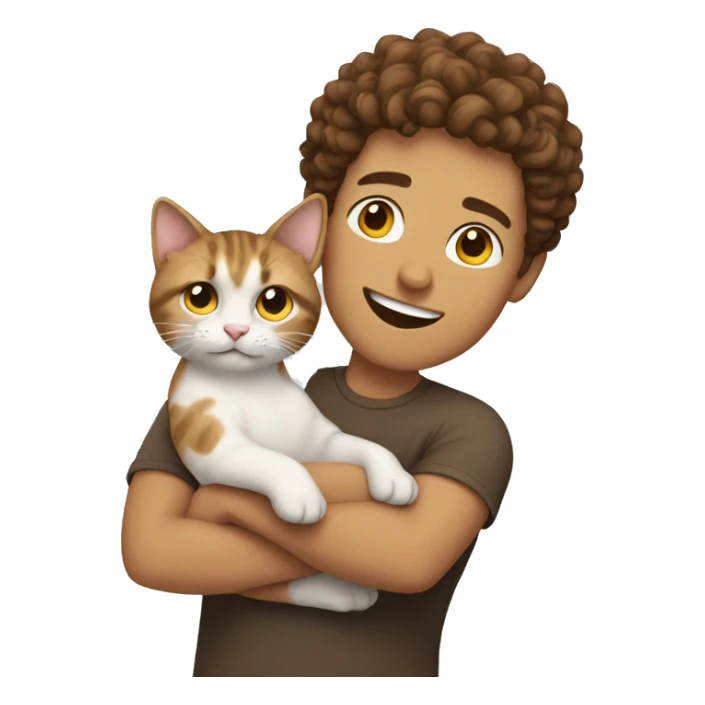 Guy with short brown curly hair holding a cat sticker