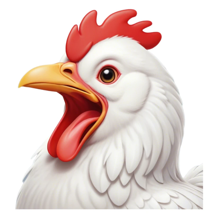 Cinematic Cute Yawning White Chicken Portrait Emoji, Head tilted slightly with a dramatic, wide-open yawn, showcasing a soft, fluffy white plumage with a crisp red comb and drooping wings, round beady eyes barely open in drowsy contentment, Simplified yet irresistibly adorable features, highly detailed, glowing with a soft, cozy glow, high shine, relaxed yet expressive, stylized with a touch of whimsy, bright and endearing, soft glowing outline, capturing the essence of a sleepy yet affectionate chicken, so drowsy it feels like it could stretch out of the screen and curl up for a nap! sticker