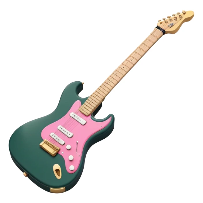minimalist electric guitar in dark green with pink and blue stripe decal, closed inside a black rectangular hard case with gold latches, flat semi-3D style, soft matte textures, simplified details, stylized decal accent, ready-to-play symbol sticker