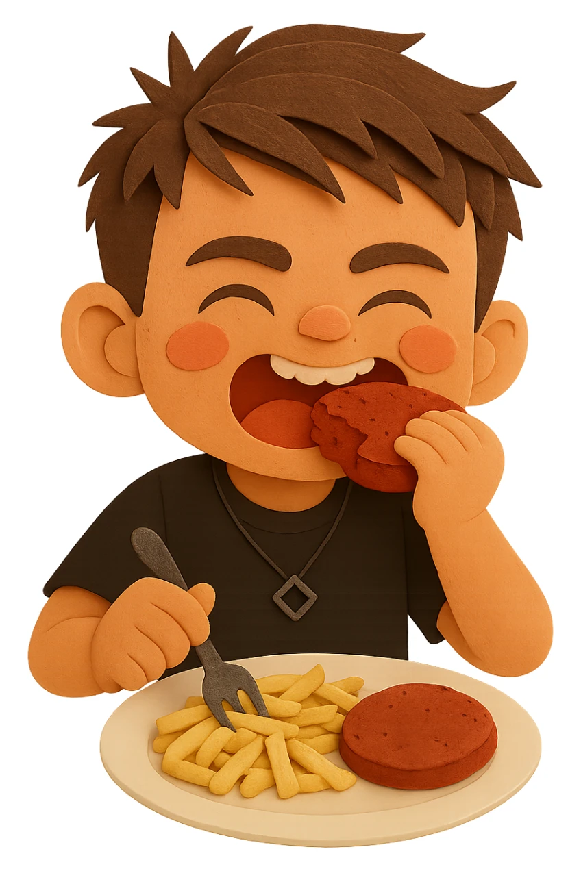 The same boy is now greedily chewing the meat patty sticker