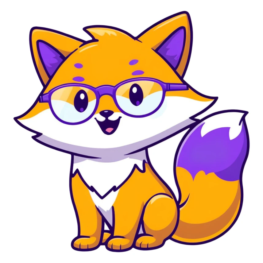 A magical fox with shimmering purple and blue fur, a glowing tail, a silver star on its forehead, and round glasses, laughing so hard that tears are streaming from its eyes sticker