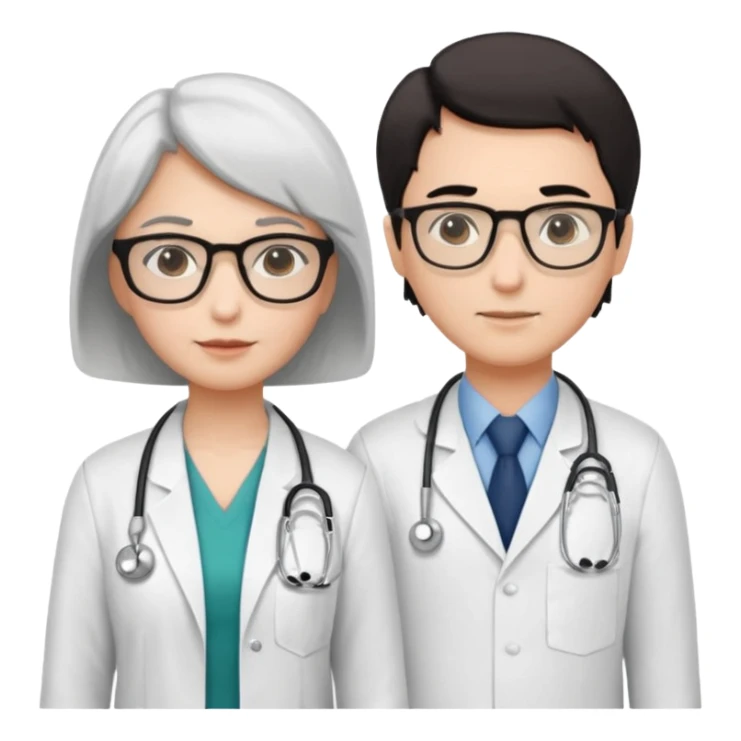 Create four doctors grouped together. Place a female doctor with dark brown short bob hair prominently in the front. Behind her, include:

a doctor with white hair wearing glasses,

a young male doctor with black hair and no glasses,

and a female doctor with black short bob hair wearing glasses. sticker