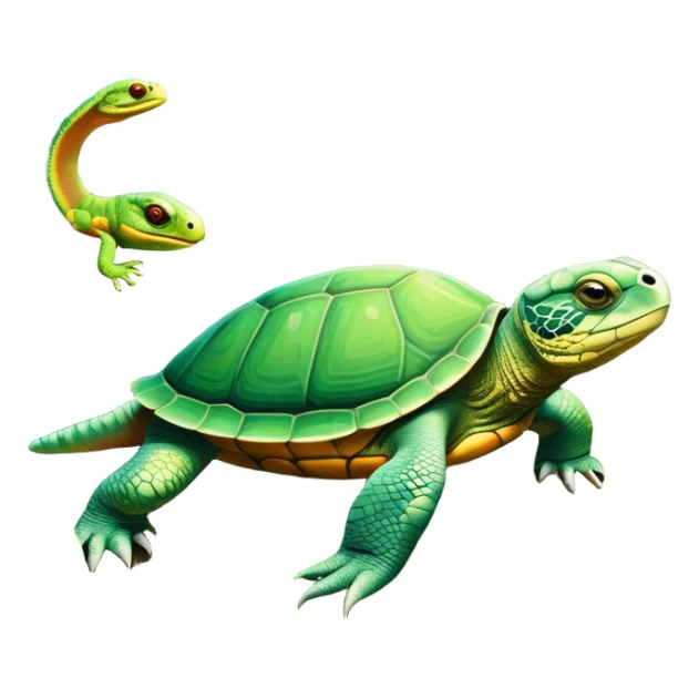 Close-up collage of a turtle, snake, and chameleon in a natural environment, with vibrant greenery and soft sunlight filtering through. Each reptile is shown in intricate detail, highlighting their unique textures and colors, set against a lush, serene background. sticker