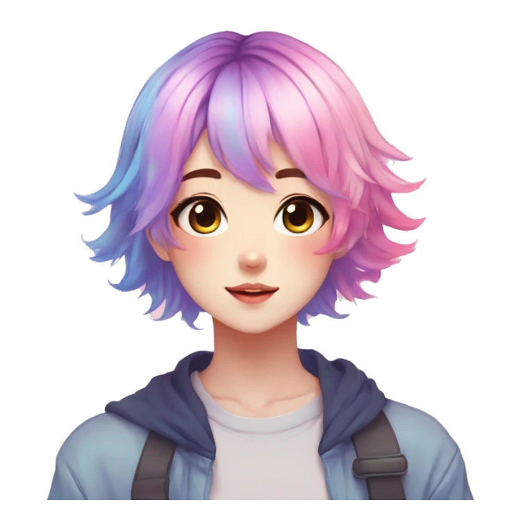 Gorgeous anime style tomboy with blushing face aesthetic and pretty colorful shiny gradient pastel hair trending style sticker