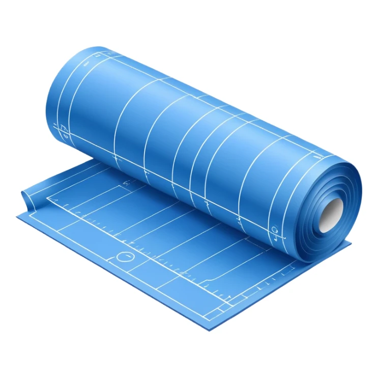 blue blueprint plan with white lines, partially rolled up, perspective view sticker