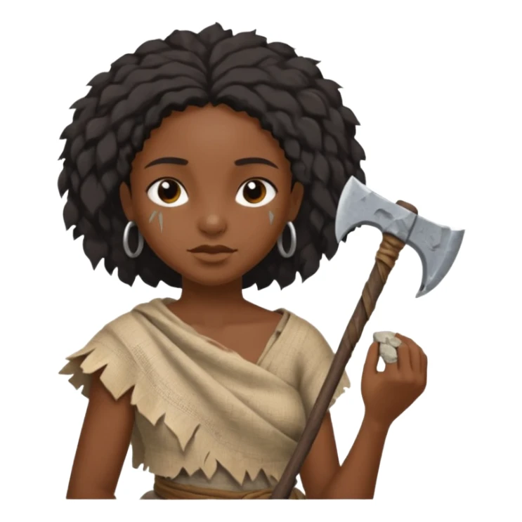 ancient black girl, tattered leaf cloth, hold broken stone ax sticker