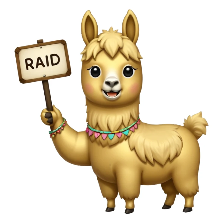 A small golden llama silhouette holding a sign in its teeth that says RAID sticker