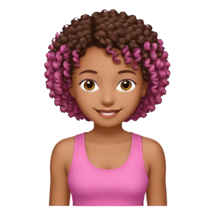 Uma menina com o cabelo cacheado curto é morena, e com uma regata rosa sticker