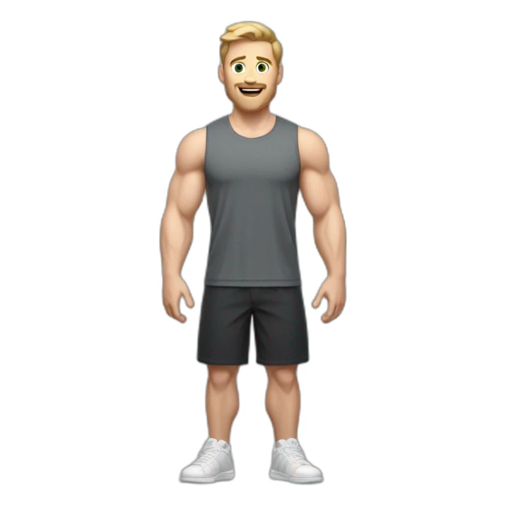 Full height Actively gesturing with hands Pale skinned Fit Man With the biceps and light brown hair in dark gray Sleeveless Mike, black oversize sports shorts and white Sneakers sticker