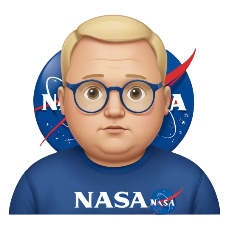 miffed chubby man, with blond short receding hairline, wears a dark blue nasa sweatshirt, nasa logo on the breast, round glasses, 40 years old sticker