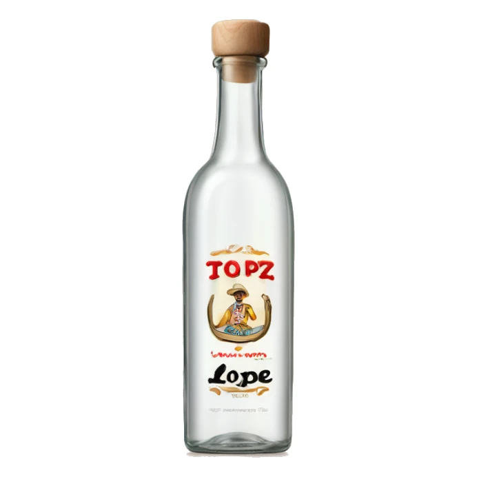 Long cylindrical tequila blanco bottle with the text "lopez" clearly written in the middle of the label and a light wood cap sticker