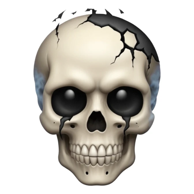 iOS style emoji, dark fantasy skull, cracks, black smoke from eyes, soft light, stylized sticker