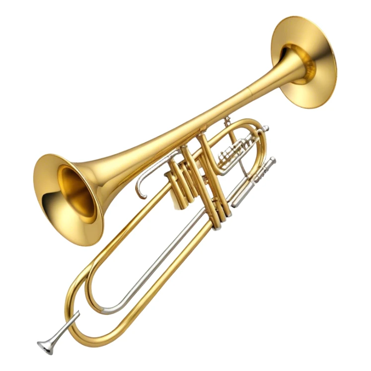 Create an elegant and detailed emoji representing the Bach Bb/F tenor trombone. The design should feature the smooth, shiny brass body of the trombone, showcasing its large, flared bell and curved tubing. Highlight the tuning slide with its polished metal finish, and the mouthpiece should be clearly visible. The trombone’s surface should have a gleaming brass tone with subtle silver accents around the mouthpiece and slide. Add a few musical notes or soundwaves emanating from the bell to emphasize the powerful sound of the trombone. Use golden and brass tones with reflective light effects to enhance the trombone’s professional and high-quality appearance. The background should be transparent. sticker