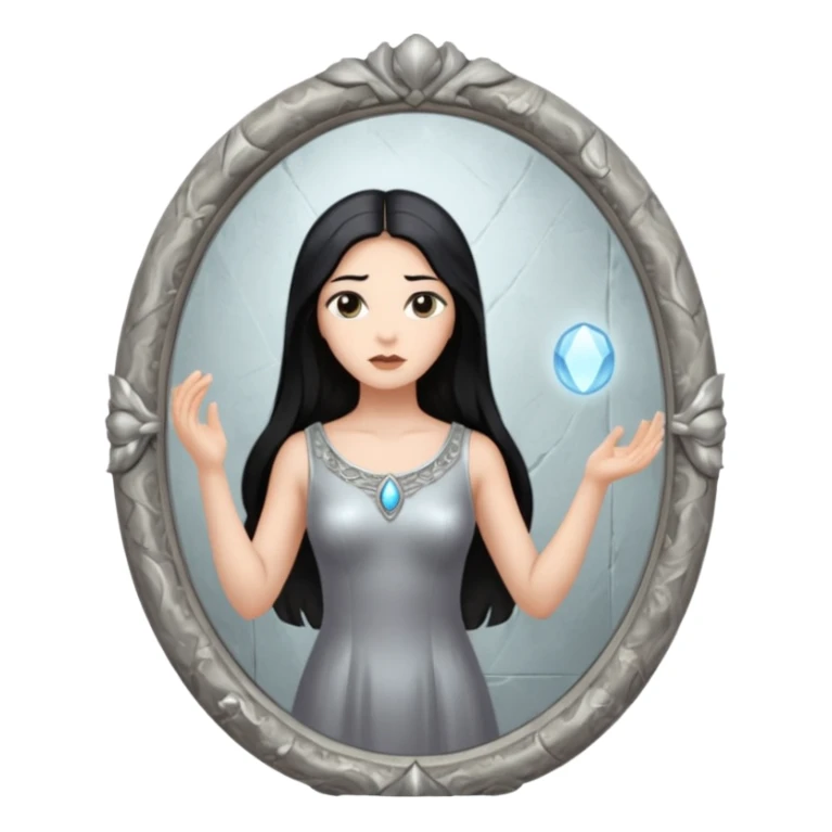 Woman facing ancient mirror, reflection slightly delayed and darker sticker