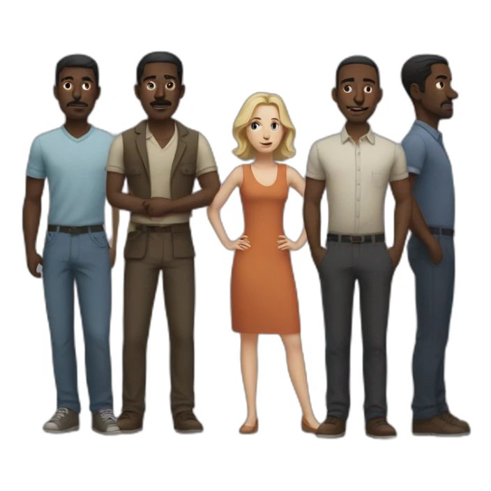 six dark-skinned men stand behind a pale woman sticker