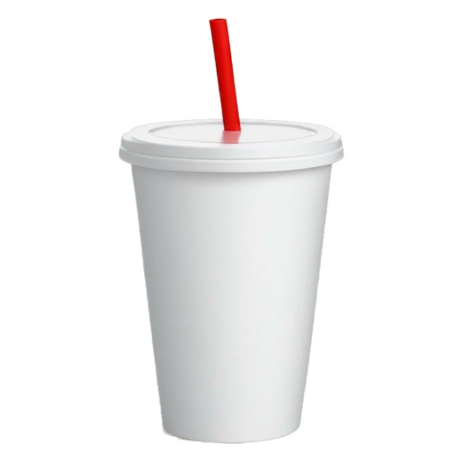 White styrofoam cup with white lid and red straw. sticker