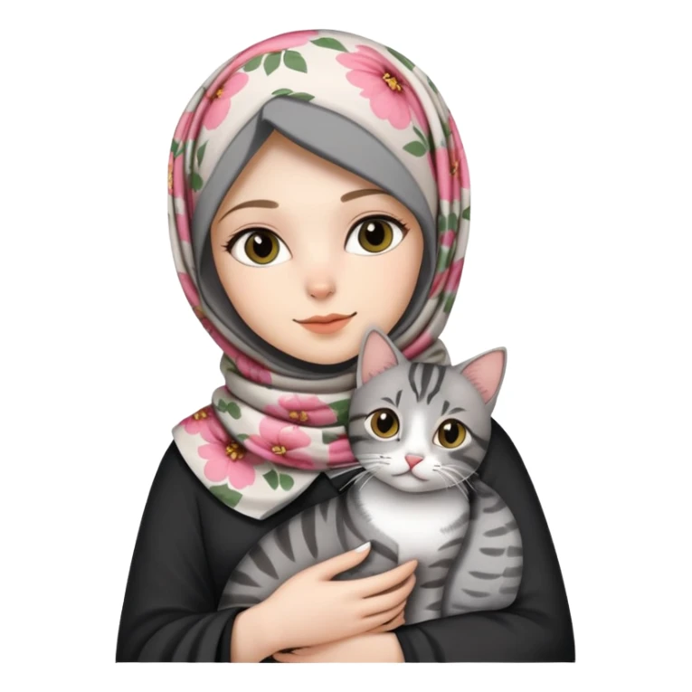 White girl with printed flower hijab holding a black and grey tabby cat sticker
