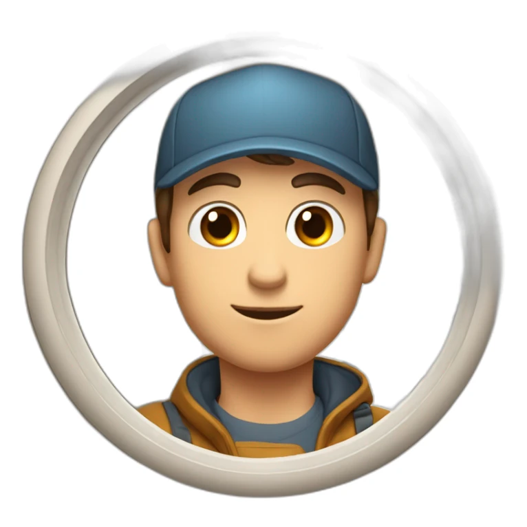 Guy with brown hair and short, eyes with a cap that is inside a circle window that try to exit with a hand on the top of cornice sticker