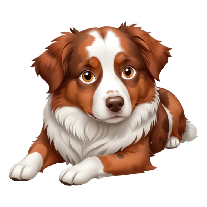 Red merle Australian Shepherd dog laying down, copper and white spotted coat, relaxed pose sticker