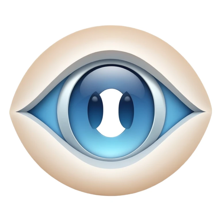 stylized white capital letter O in almond-shaped gradient oval eye with silver curved accents on each side, over circular blue background, symbol of vision and focus sticker