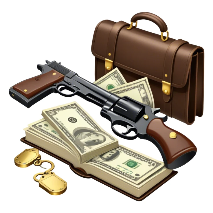 Icon for Action & Crime Reading: open book with text and picture, silhouette of a gun, a bag of money, a police badge. Surrounding elements include a pair of handcuffs, a briefcase and scattered bullet casings. Transparent background. sticker