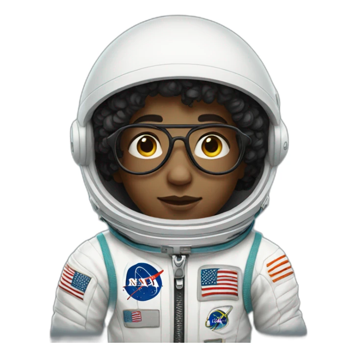 Boy with black short curly hear and glasses wearing a white astronaut suit sticker