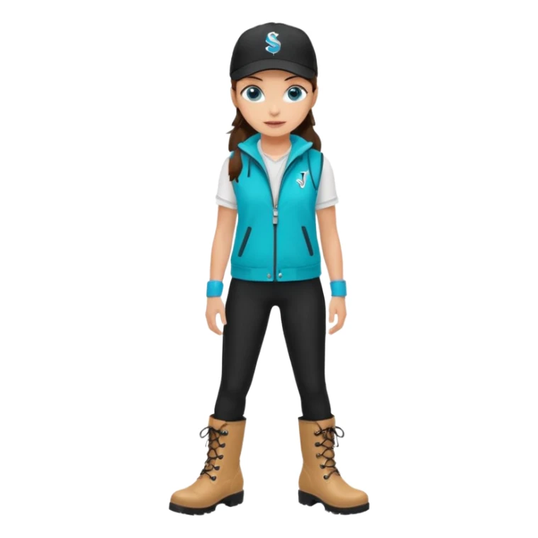 A landscaper in a beautiful turquoise jacket and turquoise rubber boots, black pants, and a black sleeveless shirt. On her head is a black color Swissotel baseball cap. The girl is a brunette with blue eyes. sticker
