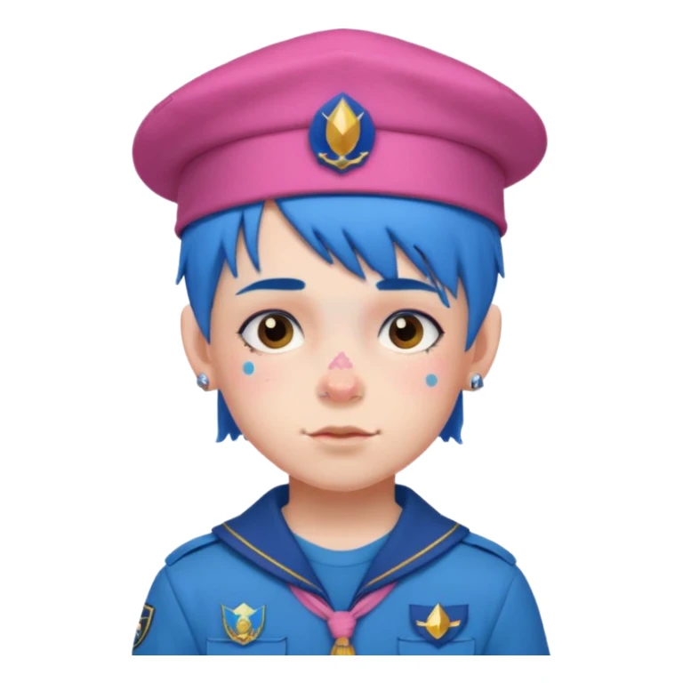 scout boy with very pink scout uniform, blue haired and hat, tattoed sticker