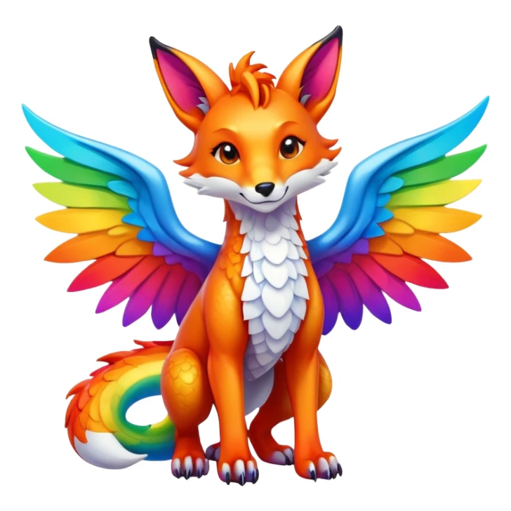 Cartoon Fox dragon hybrid with wings face front full body rainbow colored sticker