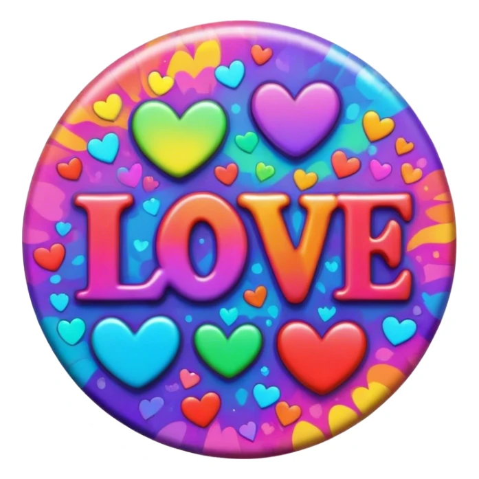 A round psychedelic colored button with bezeled edges and the word love sticker