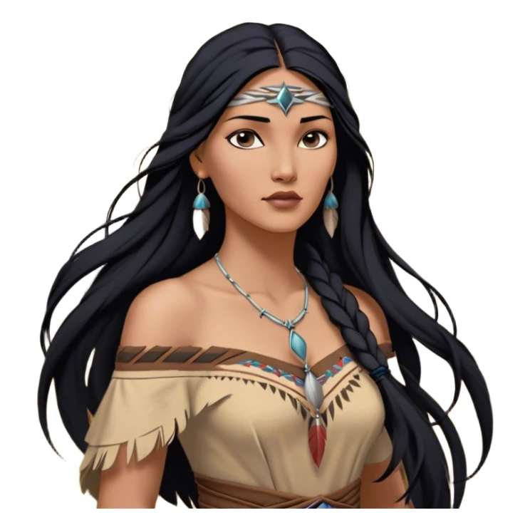 Cinematic Realistic Pocahontas Portrait, depicted with lifelike skin texture, soft natural lighting, and intricately detailed long, flowing raven-black hair that moves gracefully in the wind. Her deep, soulful dark brown eyes exude wisdom and strength, complemented by a serene yet powerful expression. She is dressed in her classic one-shoulder native american dress, with rich fabric textures and delicate beaded details that catch the light beautifully. The portrait features a soft, sun-kissed glow with a natural, radiant finish, capturing the essence of untamed beauty and deep connection to nature in a realistic and painterly style, evoking a sense of depth and authenticity. sticker