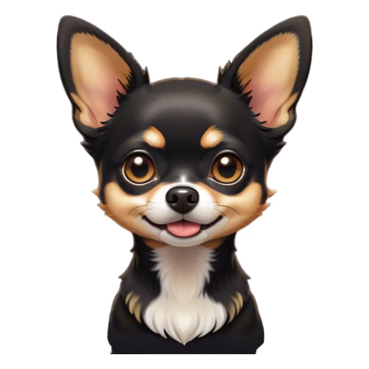 Cinematic Comical Black Tri Short Haired Chihuahua Portrait Emoji, Head tilted dramatically with an exaggeratedly shocked or offended expression, short black tri-color fur with striking white and tan markings, wide, expressive dark eyes filled with exaggerated disbelief, Simplified yet hilariously expressive features, highly detailed, glowing with a slightly sassy glow, high shine, dramatic yet playful, stylized with an air of attitude, bright and endearing, soft glowing outline, capturing the essence of a sassy and over-the-top pup, so meme-worthy it feels like it could side-eye its way into internet fame instantly! sticker