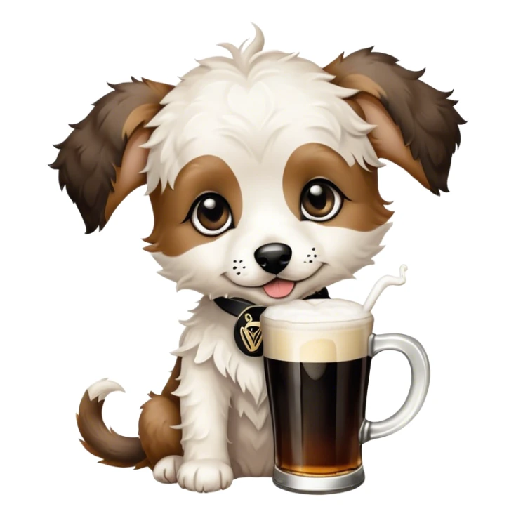 Black Puppy. Jackapoo. White face. Black pointy floppy ears. Black circles around eyes. Drinking a Guinness beer. The dog does not have brown hair sticker