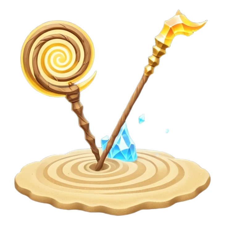 desert sand mage staff object icon, ancient wooden staff, swirling sand crystal on top, glowing golden aura, small floating sand particles, fantasy desert style, 3D cartoon, mobile game icon style, centered, clean background, soft shadow, no text, no watermark
 sticker