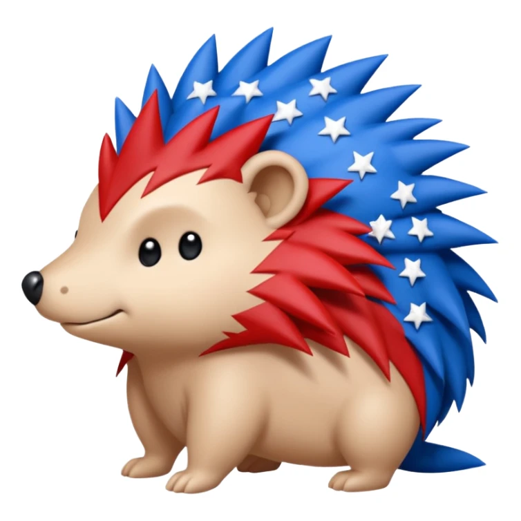 Red and blue Porcupine facing right. Bottom layer red: covers feet, round face, 2 spikes. blue upper layer 6 spikes, 3 white 5 pointed stars in the middle of the blue. sticker