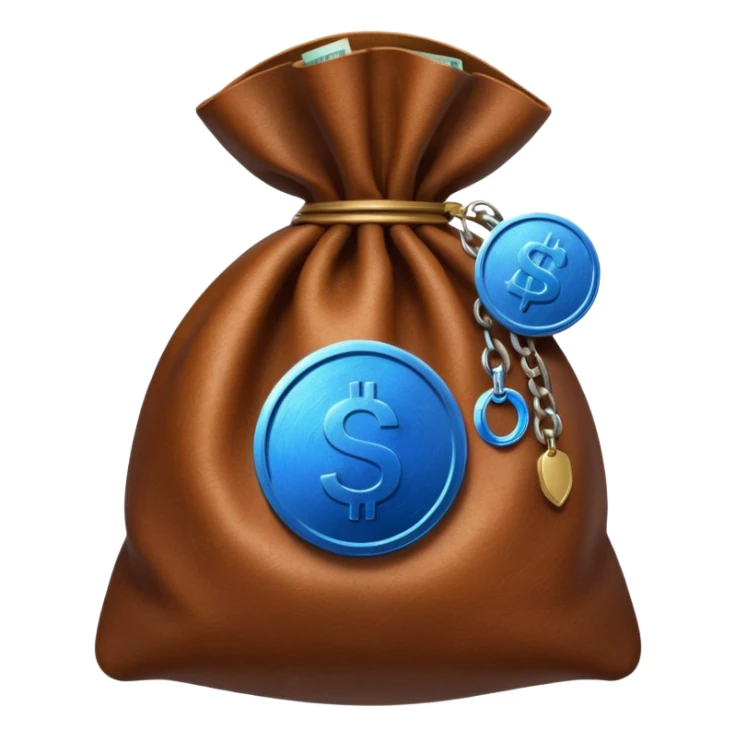 brown money bag with a blue coin  sticker