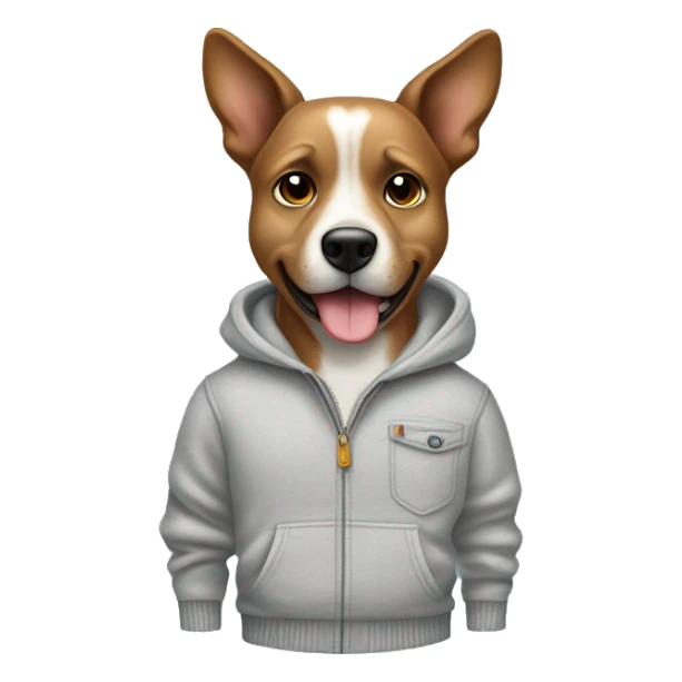 The dog is dressed in casual clothing, including a light gray sweater, light blue jeans, and white sneakers with brown soles. hands tucked into its pants’ pockets,. upward.confidence or a relaxed attitude, with one eyebrow slightly raised. sticker
