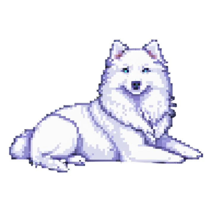 A pixel art Samoyed dog, lying down, facing right, white fur, black eyes, relaxed pose, simple background. sticker