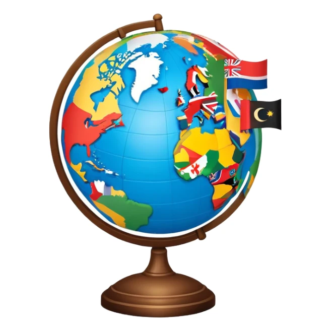 An icon featuring a globe with location pins, open maps, and landmarks from different countries, symbolizing area studies. The design includes cultural symbols, flags, and geographic features to represent diverse regions. Transparent background. sticker