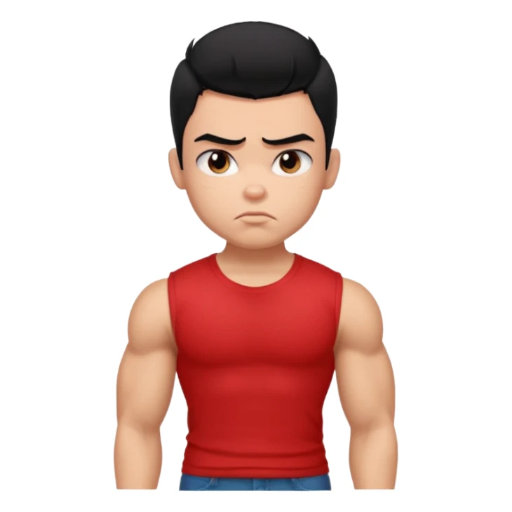 a pretty bratz boy with black hair and a red tshirt, big biceps looking sad sticker