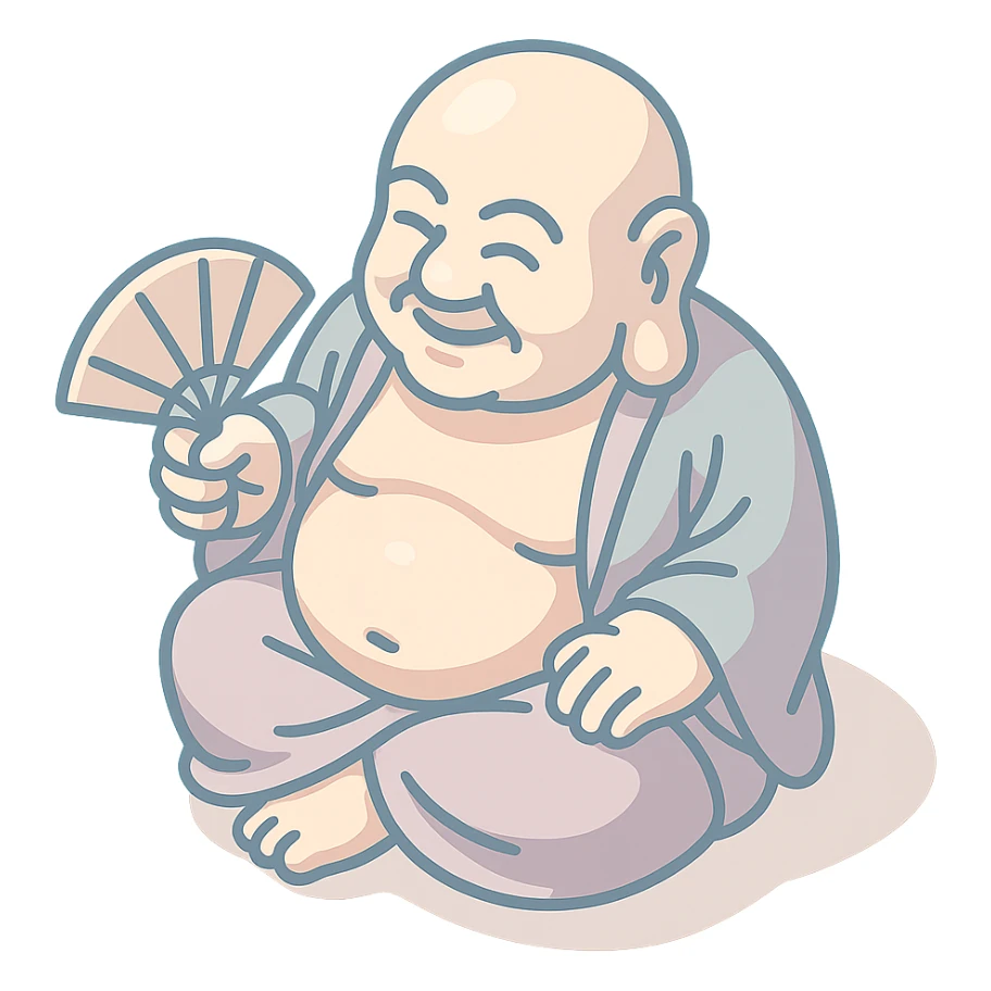 Hotei with a fan, 2D isometric style, clean lines, sharper angles, high detail, pronounced shadows and highlights, minimalist eastern accent, pastel palette #98B5BC, #B5B3C1, #C9A3C9, #E4C0CA, #F7DCD1, #F7C0AA, transparent background sticker