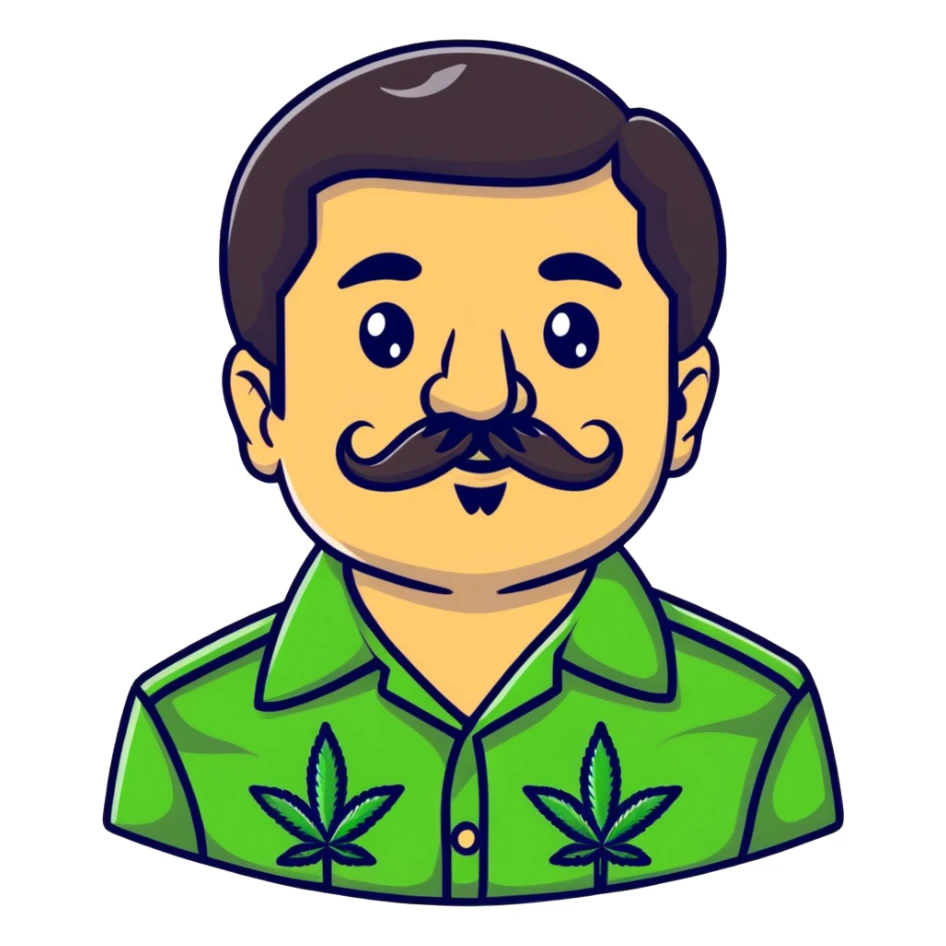 Mexican drug lord El Chapo with mustache and cannabis leaf patterned shirt sticker