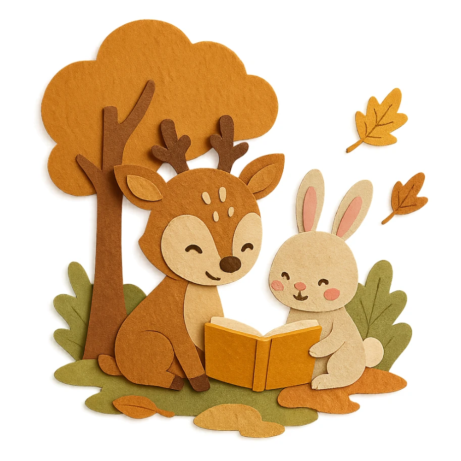 cute deer and bunny reading together in a soft autumn forest scene, paper-craft style sticker