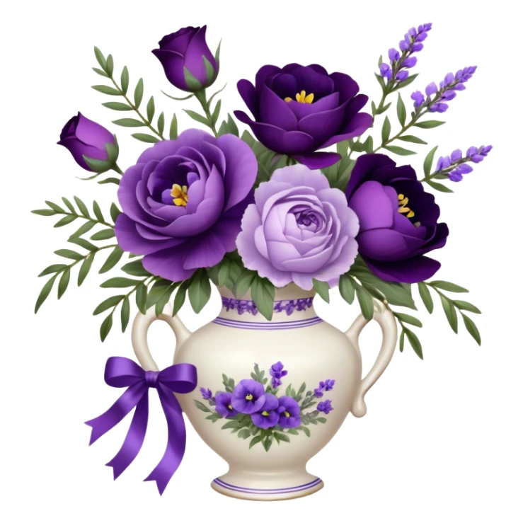A dainty porcelain vase, hand-painted with delicate lavender pansies and deep purple roses, holds an elegant bouquet of amethyst-hued peonies, fragrant sprigs of wild lavender, and trailing silk ribbons, with a tiny heart-shaped charm dangling from its neck, swaying gently in the evening breeze.
 sticker